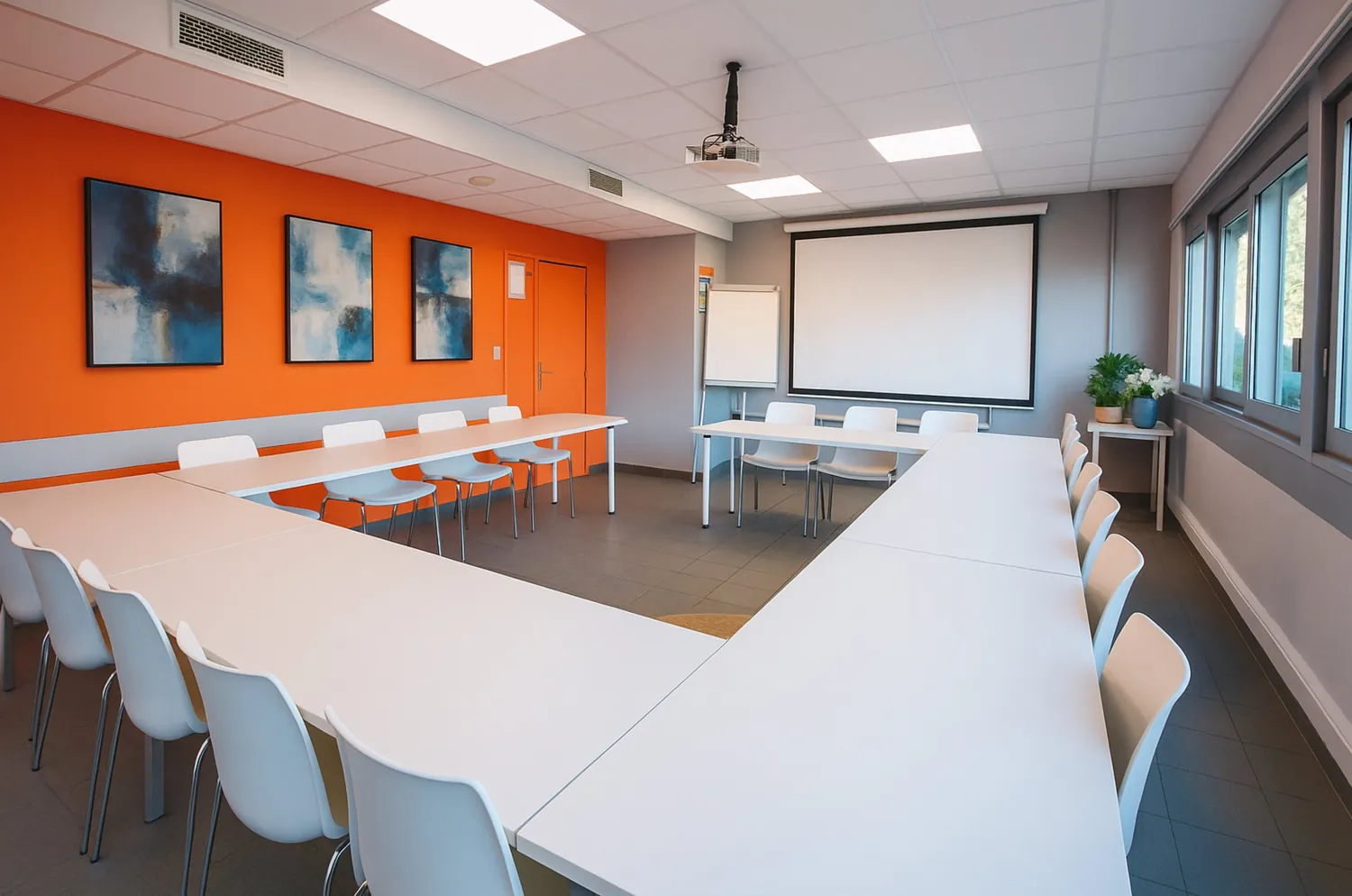 Pic Saint-Loup conference room set up for training at the Millénaire coworking centre in Montpellier, projector screen and orange feature wall